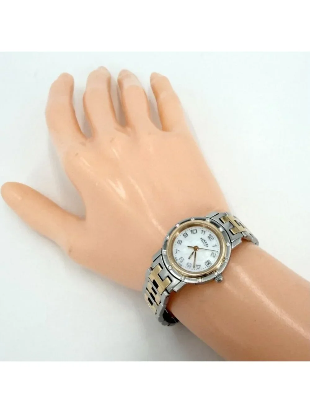 Hermes Watch Clipper Cles Motif Date Combo SS Battery Powered White Shell Dial